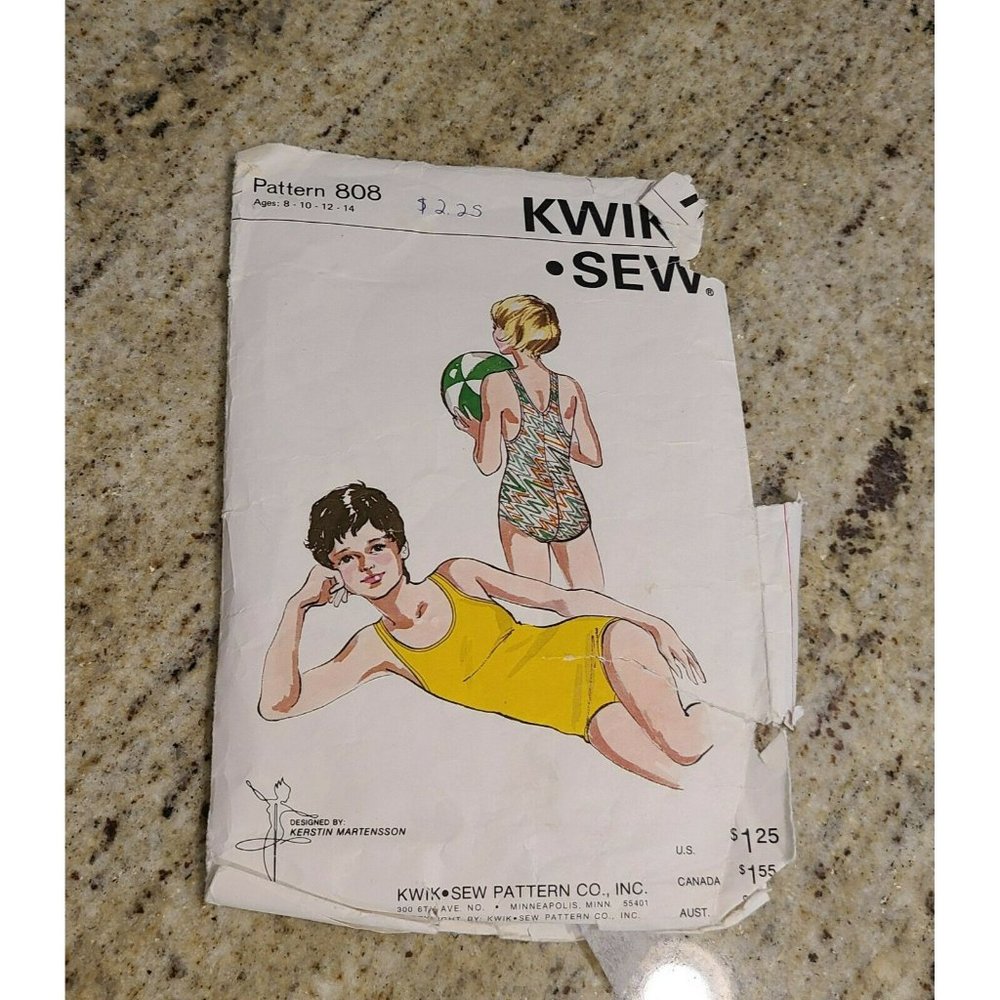 Kwik Sew Pattern 808 Girl's One Piece Racing Swimsuit Size  8 10 12 14